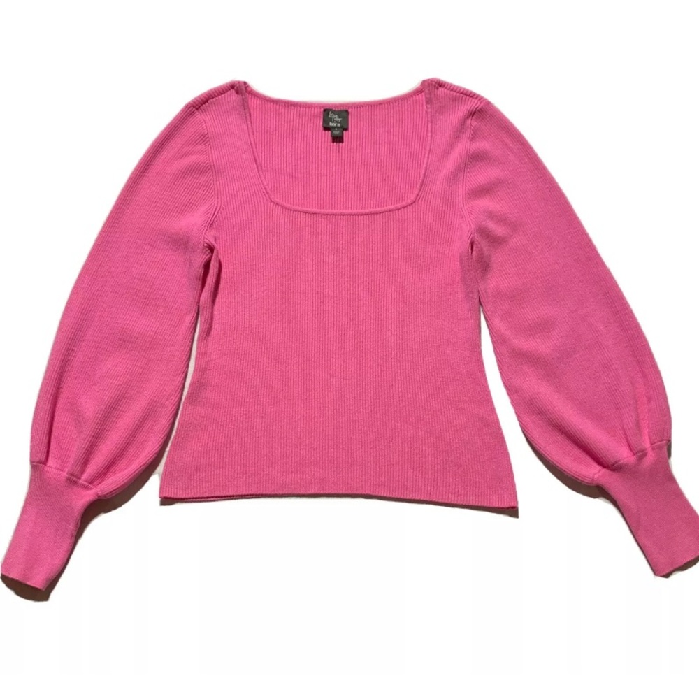 Bar III X Becca Tilley Ribbed Pink Square Neck Sweater with Bishop Sleeve Size L